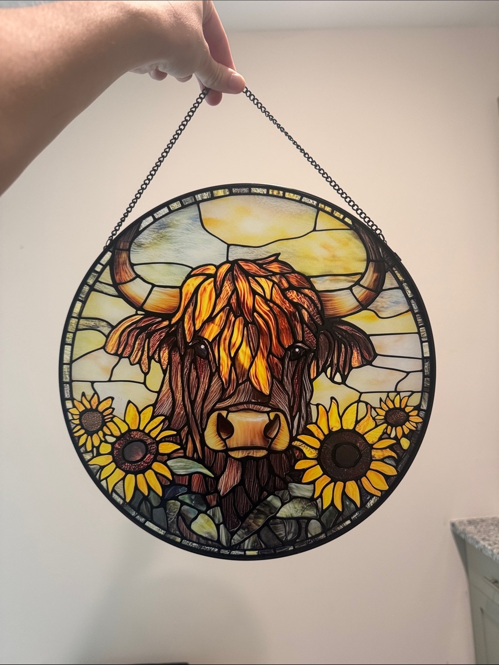 Highland Cow Sunflower Stained Glass Suncatcher Farmhouse Window Decor